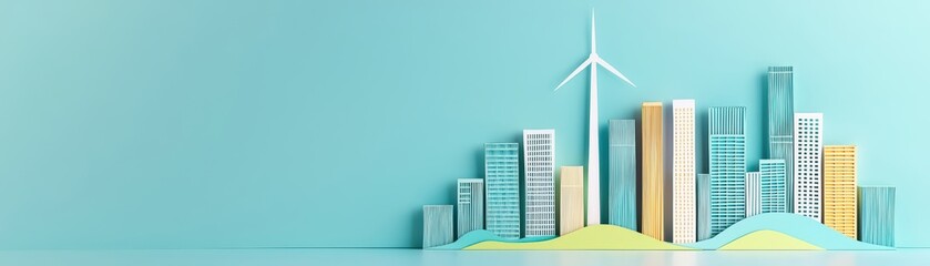 Colorful paper cityscape with green hills and wind turbine against a turquoise background for sustainable urban development theme