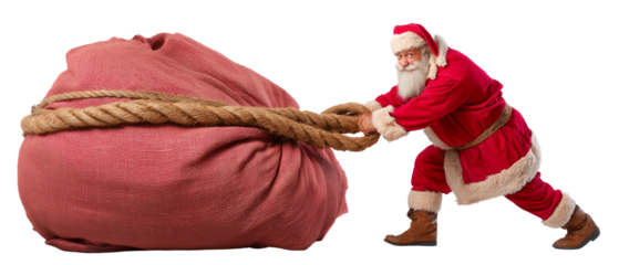 Santa claus pulling heavy sack transparent background holiday theme festive mood