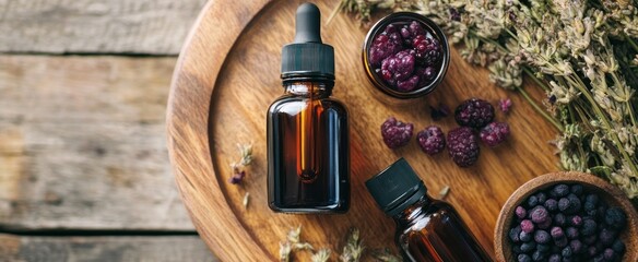 Natural Herbal Remedies: Amber Dropper Bottles, Dried Lavender, and Berries on Rustic Wood