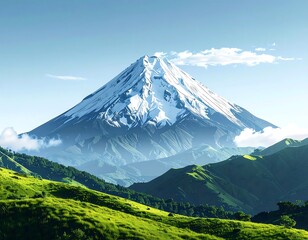 Fototapeta premium Snow-capped mountain amidst lush green hills and a bright blue sky