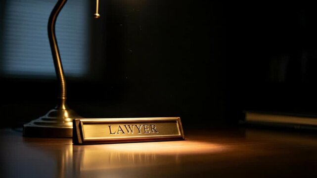 Illuminated Lawyer Nameplate on a Wooden Desk in a Professional