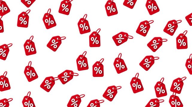 Seamless motion background of floating red discount tags with percentage symbols, perfect for online sale banners and ads.