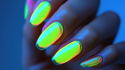 Neon Glow Nails Under UV Light: Electric Lime and Pink Edges, Dark Background