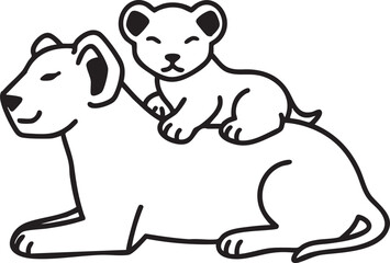 Cute baby lion riding on mother's back simple line art icon representing family and love
