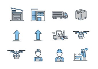 Modern Logistics and Supply Chain Icons for Business Solutions and Delivery Services including Warehouse, Truck, Forklift, Drone, and Workers