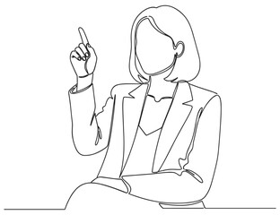 Presenter illustration, line drawing of seated person raising finger in blazer, abstract minimal vector symbolizing teaching, speaking, or communication