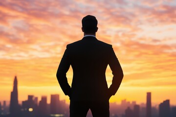 Fototapeta premium Businessman in Suit Facing Sunset Over City Skyline, Reflecting on Opportunities and Future Goals in Vibrant Atmosphere