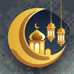 Golden Mosque with Crescent Moon and Star,Islamic Ramadan and Eid Mubarak Illustration