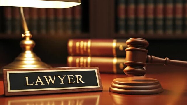 Law Office Workspace Featuring Gavel, Nameplate, and Law Books