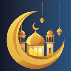 Golden Mosque with Crescent Moon and Star,Islamic Ramadan and Eid Mubarak Illustration