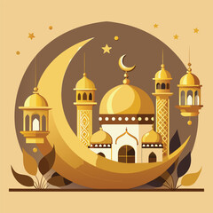 Golden Mosque with Crescent Moon and Star,Islamic Ramadan and Eid Mubarak Illustration