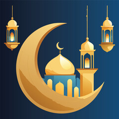 Golden Mosque with Crescent Moon and Star,Islamic Ramadan and Eid Mubarak Illustration