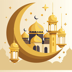 Golden Mosque with Crescent Moon and Star,Islamic Ramadan and Eid Mubarak Illustration