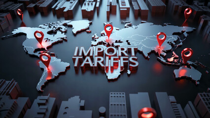 Global import tariffs impacting international trade routes with red map pointers, illustrating worldwide economic policy and financial market volatility