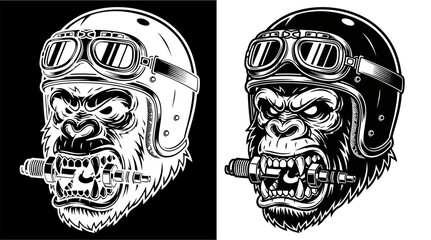 Black and white illustration of a gorilla wearing a vintage motorcycle helmet and goggles.