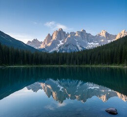 Turquoise alpine lake perfectly reflecting the rugged, rocky peaks of a mountain range surrounded by pine forest.