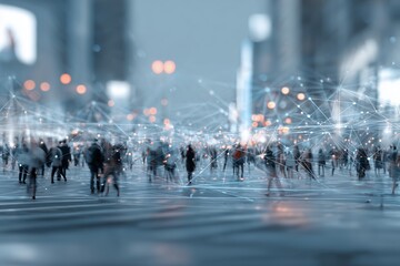 Neural networks connect elements in a bustling urban setting with big data, IOT, and AI technologies as part of a smart city