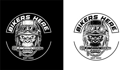 Bikers Here logo featuring a gorilla wearing a helmet and goggles.