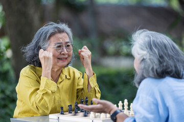 Two senior women enjoy a chess game outdoors surrounded by nature. One reacts with excitement while the other makes a move. A joyful scene of friendship, strategy, and mental activity.