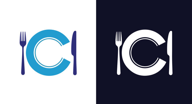 Restaurant letter c logo with fork knife and plate icon - Vector icon symbol for website - Icon vector - Blue icon