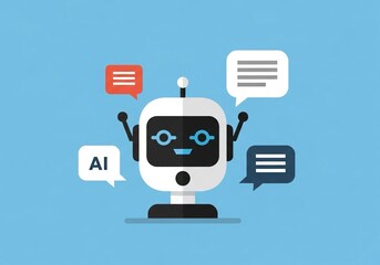Engaging cartoon robot communicating with chat bubbles on a soft blue background represents innovative technology and artificial intelligence solutions for your business needs