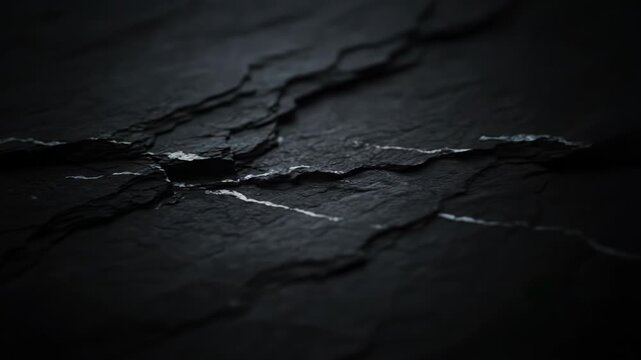 Closeup macro shot of dark slate rock with fine white mineral veins, highlighting its textured surface and natural geological patterns
