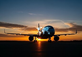 Powerful jet with world map overlay ready for global travel at sunset, highlighting connectivity and modern transportation for international business ventures