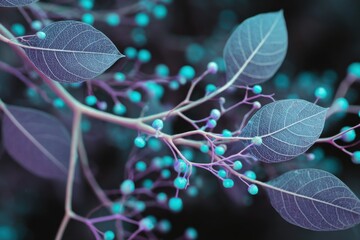 futuristic close up of branching system with glowing turquoise spheres and violet filaments symbolizing neural pathways artificial intelligence and living networks