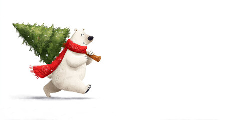 White polar bear with red knitted scarf around his neck runs out of forest with Christmas tree on his shoulder. Banner with cartoon character on white isolated background. Children's illustration