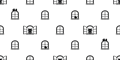 cat seamless pattern kitten window vector calico doodle cartoon tile background gift wrapping paper pet animal illustration repeat wallpaper scarf isolated