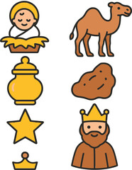Epiphany illustration bundle  9 cute cartoon elements baby Jesus, gold jar, myrrh, frankincense, camel, and crown..eps