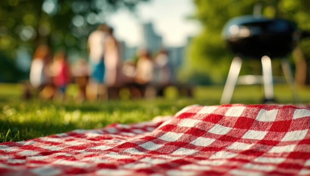 A vibrant picnic scene unfolds, featuring a red and white checkered blanket, inviting relaxation and enjoyment outdoors.