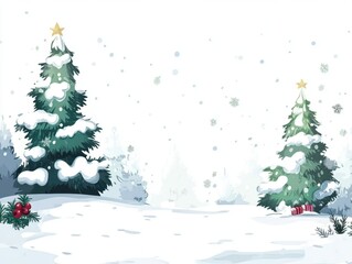 Christmas background in watercolor style for graphic design or wallpaper. A cartoonish rural village filled with white snow and beautifully decorated Christmas trees to welcome the Christian New Year.
