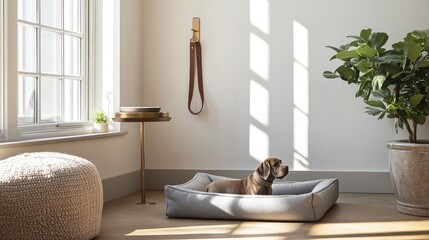 sophisticated pet corner in a modern living room, featuring a minimalist, grey felt dog bed, a sleek raised feeder with ceramic bowls, and a stylish leather leash hanging from a brass hook,
