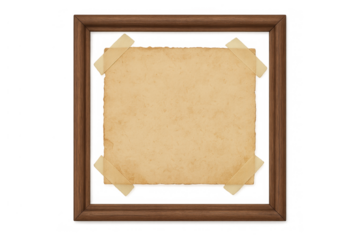 Vintage wood picture frame holding blank aged paper with tape, creating a space for memory and history, transparent background