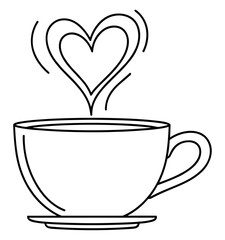 Cup and saucer illustration, black line drawing with heart-shaped steam rising, minimalist vector symbolizing warmth, comfort, and affection