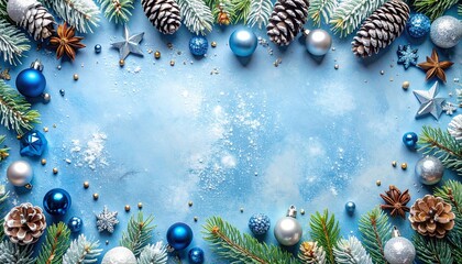 Festive Christmas border with ornaments, pinecones, stars, and snow on blue background