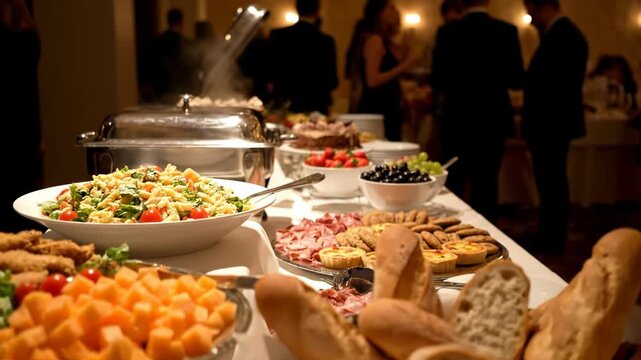 A lavish buffet spread with various dishes including fried chicken, salads, bread rolls, and cheese, set at an indoor event with guests in the background