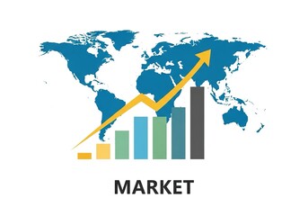 Dynamic global market growth and positive upward trend with world map graphic, perfect for showcasing international business success and vibrant economic expansion
