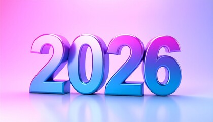 Glossy 3D “2026” in blue-purple gradient on vibrant pink-blue background