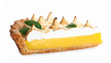 Slice of lemon meringue pie with mint garnish on toasted topping