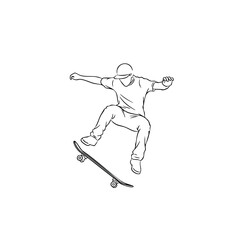 Dynamic skateboarder performing an aerial trick in mid-air with a clear sky , showcasing athleticism and skill in extreme sports