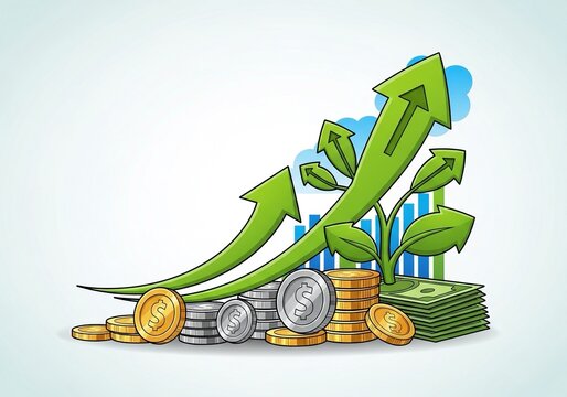 Watch your investments grow like a plant with rising profits and green arrows pointing upward showing financial success with money and chart graphics