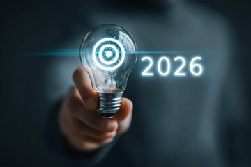 Envisioning the Future: Hand Holding a Bright Lightbulb with a Target in 2026