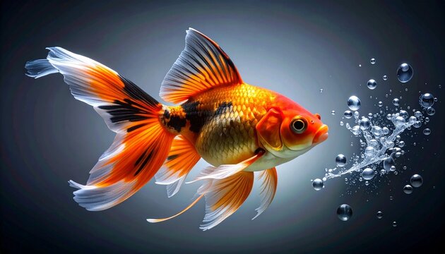 Elegant goldfish with flowing fins and bubbles on gray gradient background - Powered by Adobe