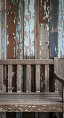 Rustic Charm - Weathered Wood Bench Against a Colorful Wall.