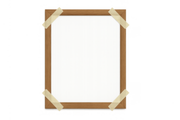 Blank wood frame with paper and tape on transparent background, empty design mockup template