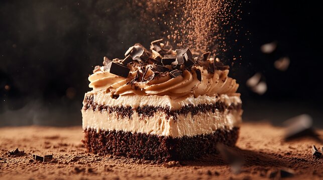 Indulgent chocolate cake lavishly topped with whipped cream and shavings