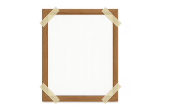 Blank wood frame with paper and tape on transparent background, empty design mockup template