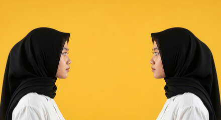 Symmetrical Reflection Two Young Women Hijab Yellow Backdrop Contemplative Serious Elegant Muslim Fashion Style Confidence Portrait